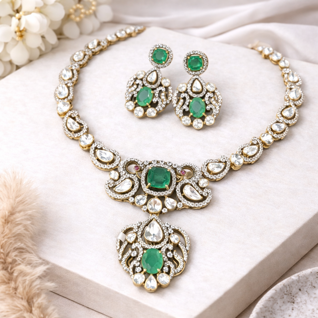Ornate Silver necklace and earrings with green gemstones 
