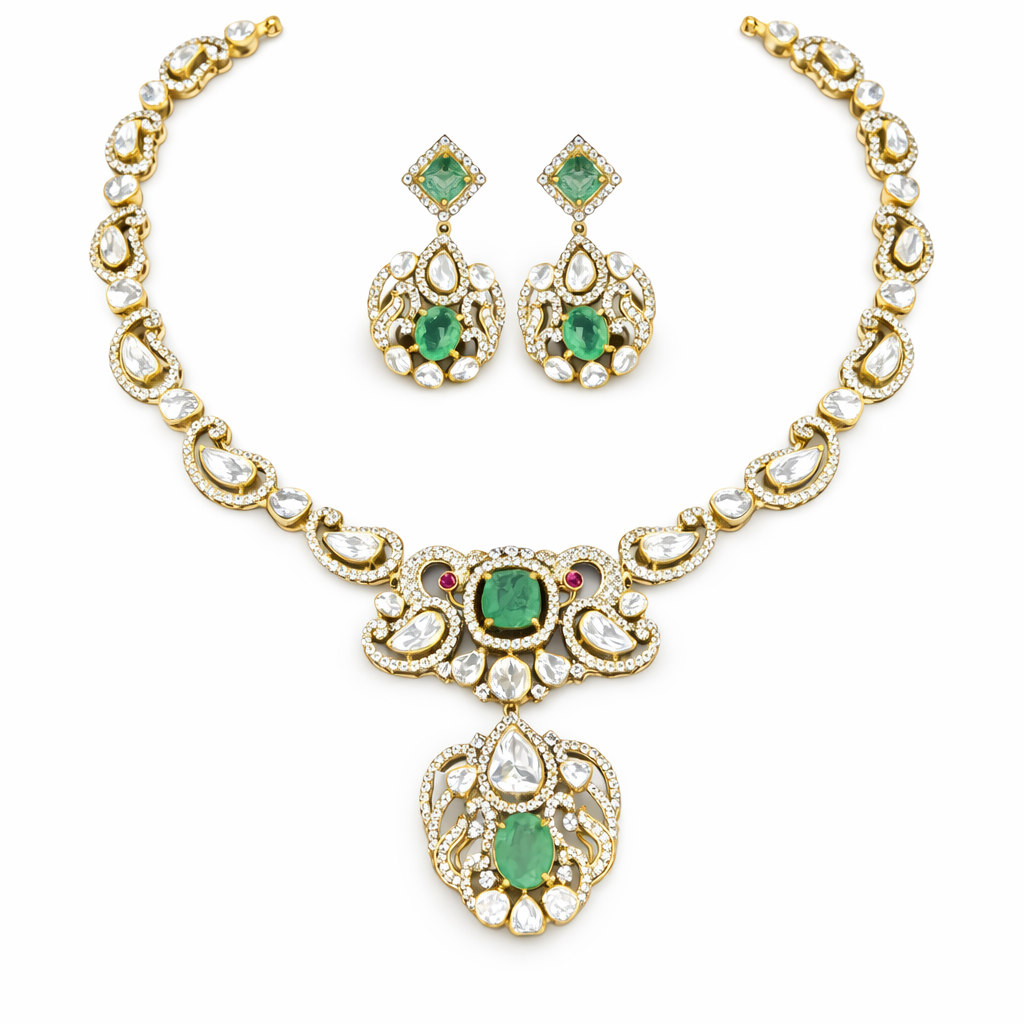 Silver necklace with earrings featuring green gemstones