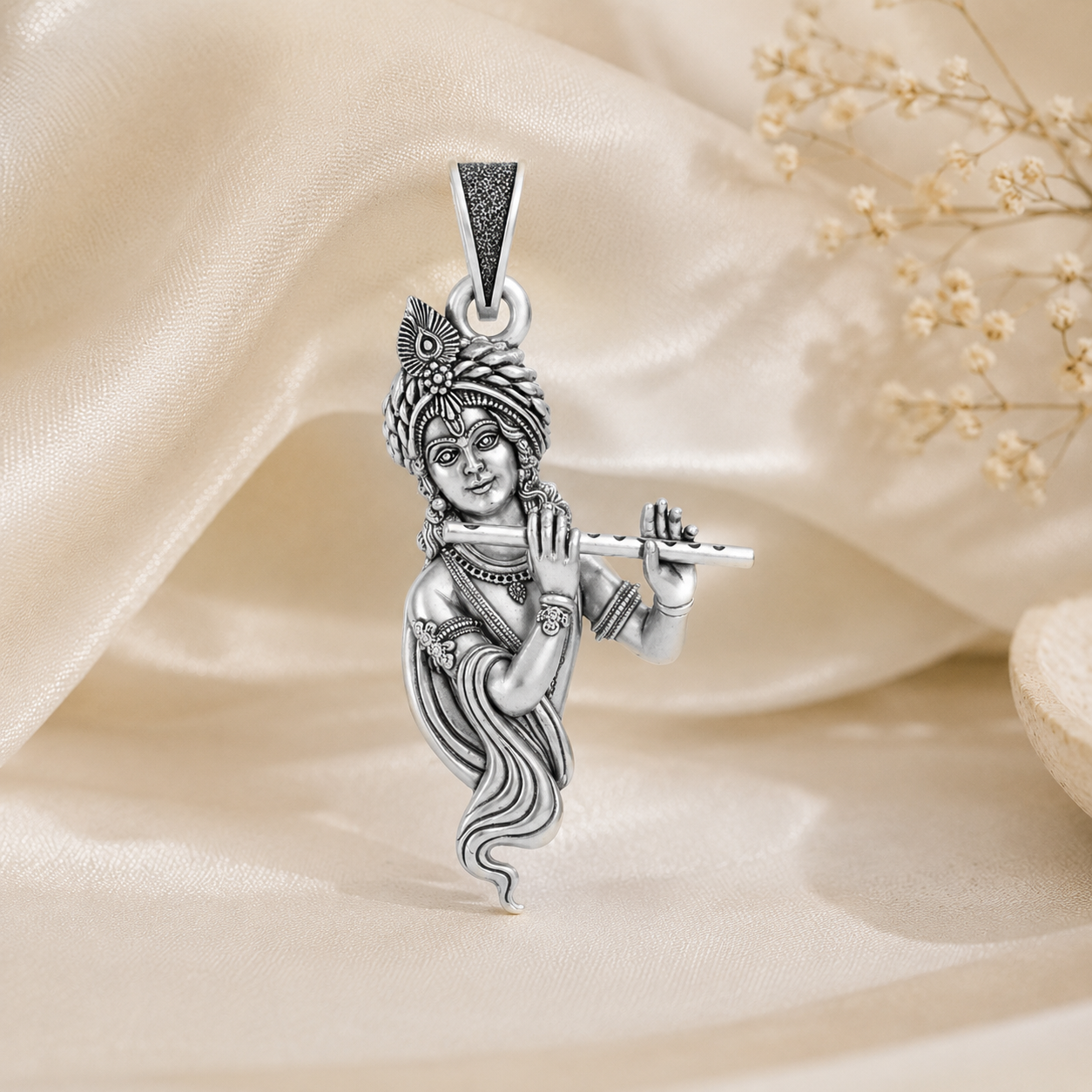 Divine Lord Krishna Flute Silver Pendant