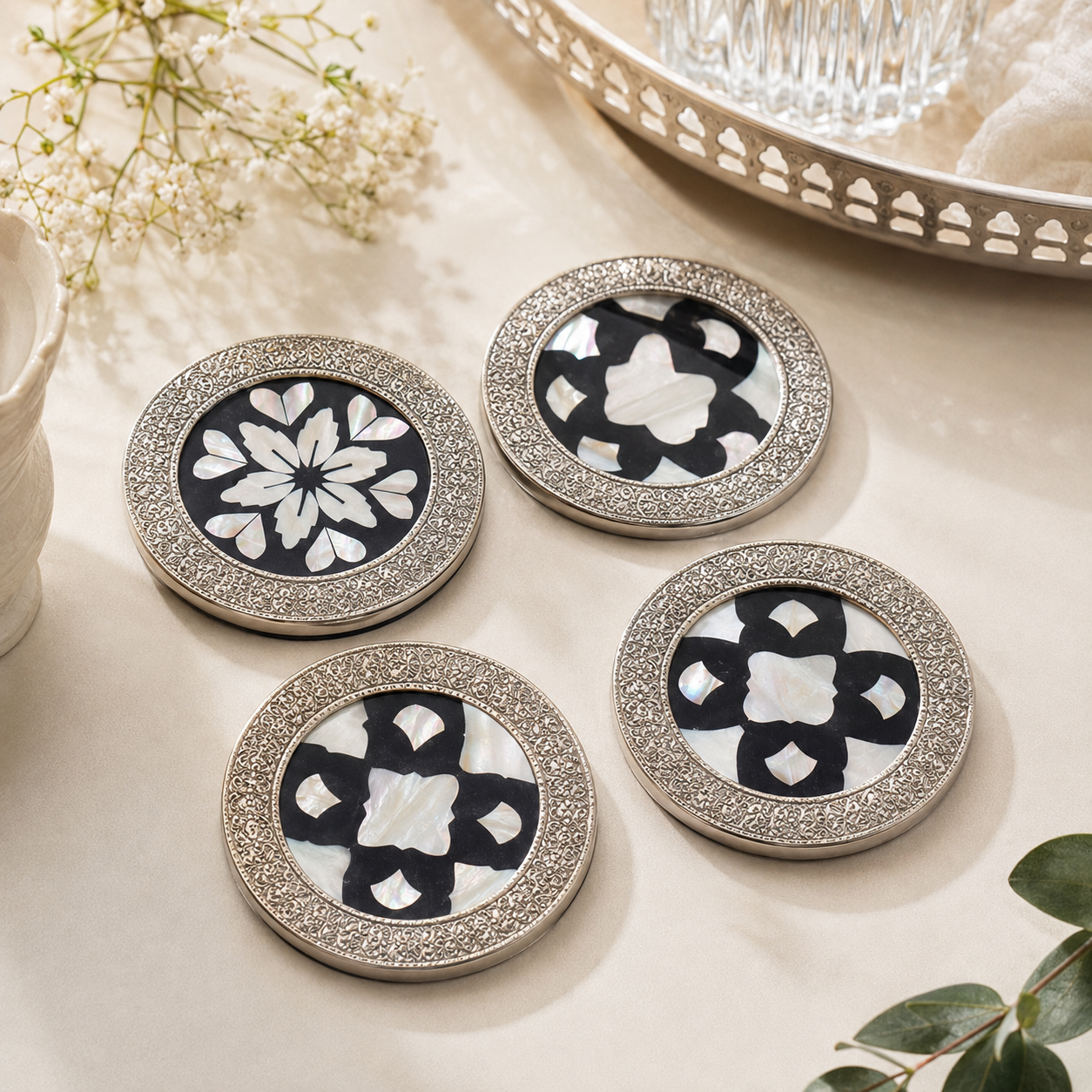 Pure Silver Mother of Pearl Coaster (Round)