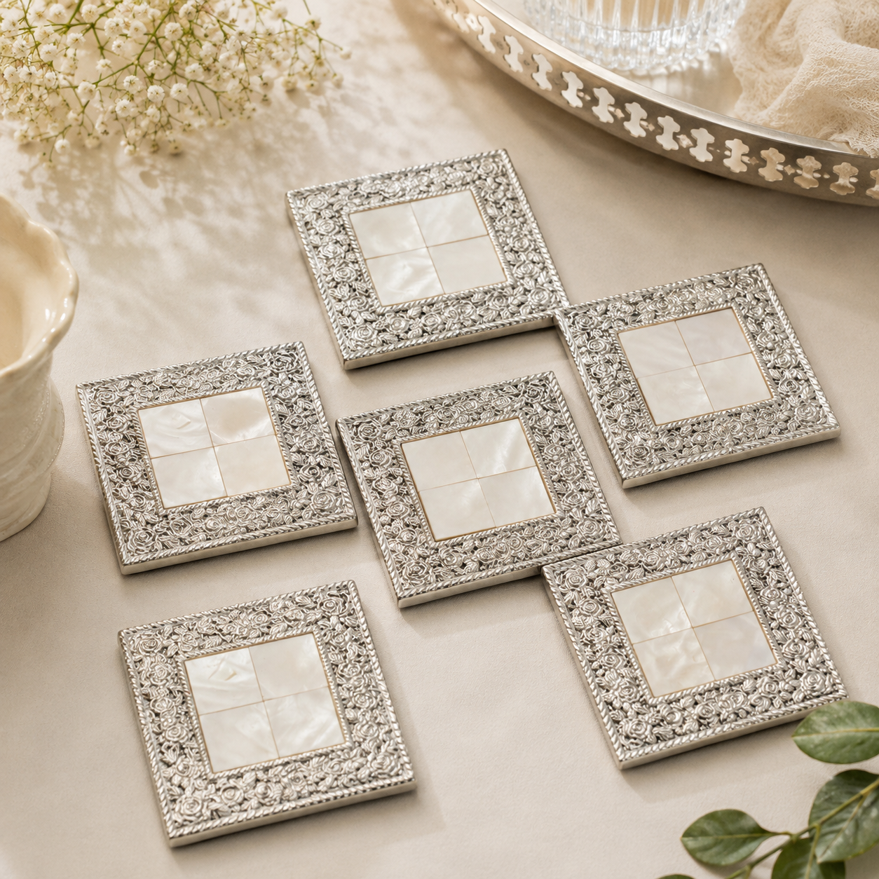 Pure Silver Mother of Pearl Coaster (Square)