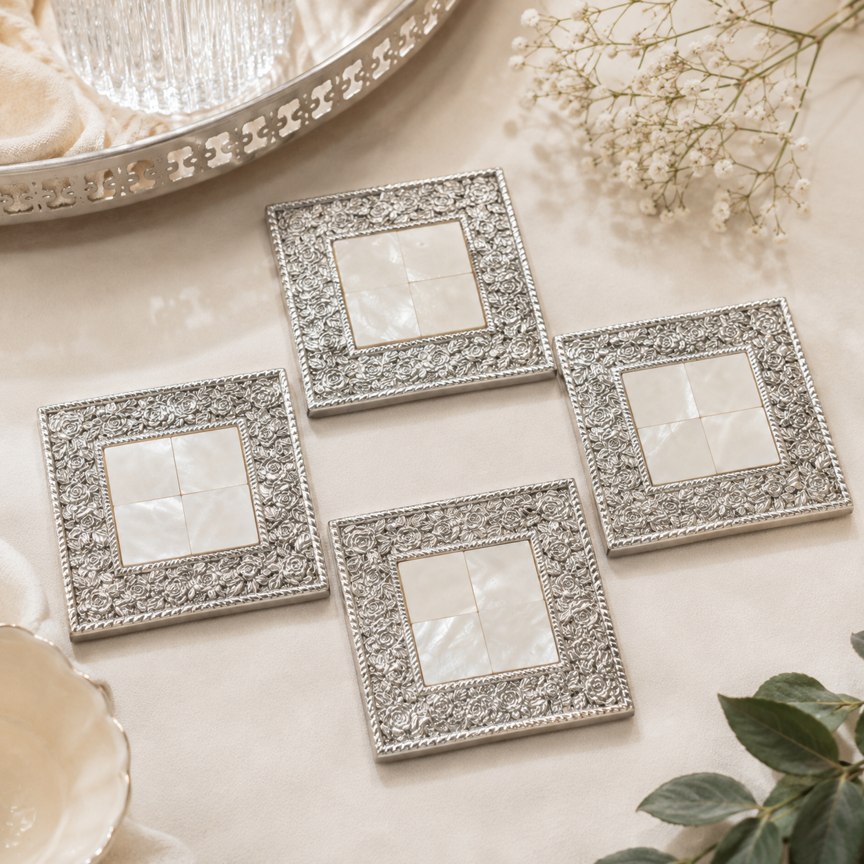Pure Silver Mother of Pearl Coaster (Square)