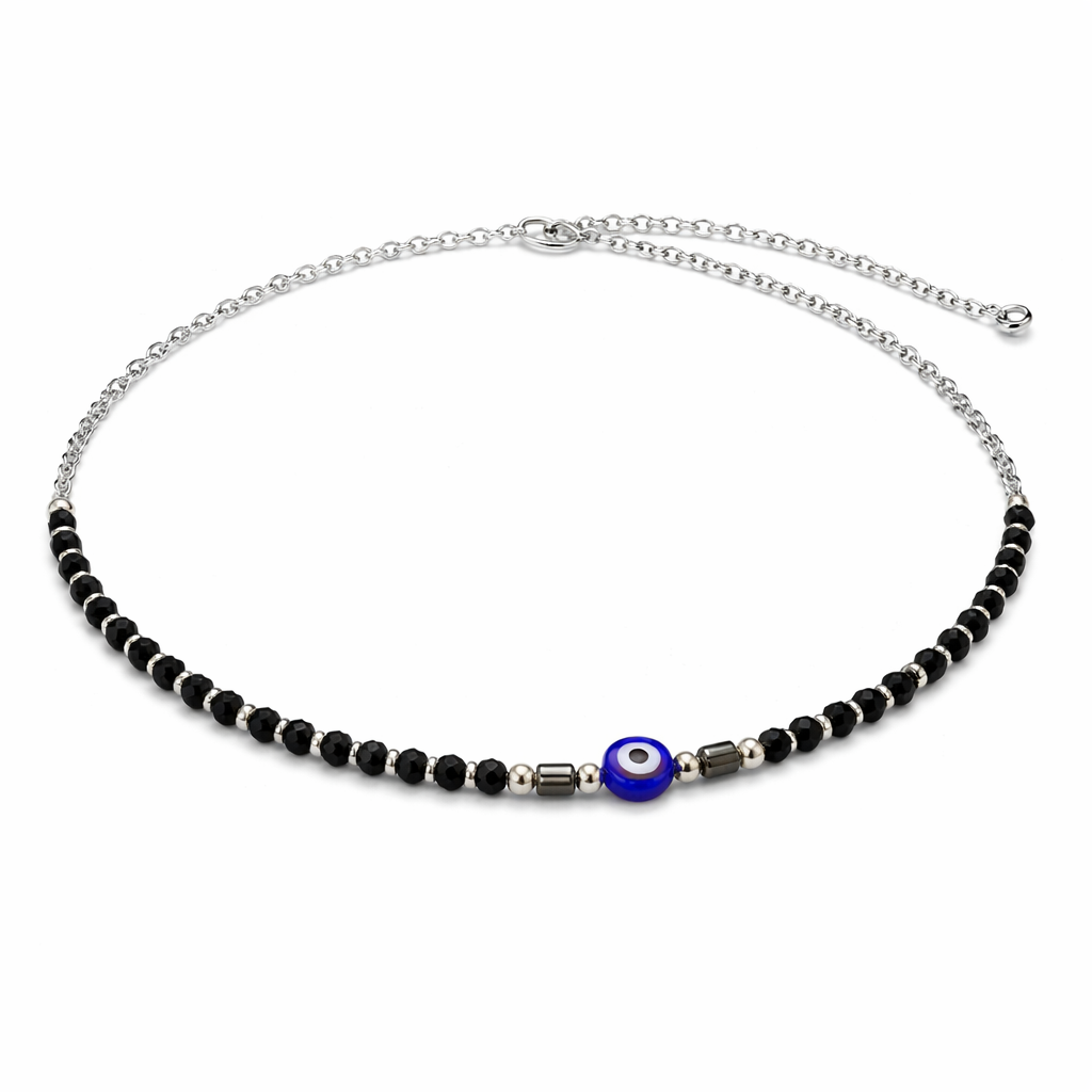 Sleek Black Beads Evil Eye Anklet