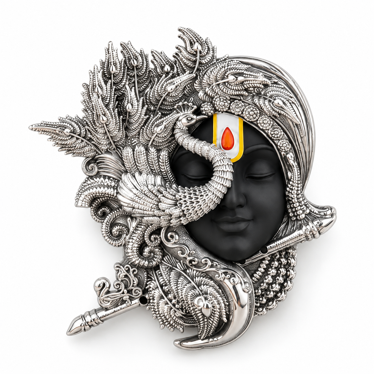 999 Silver Plated Shringar Krishna Face Idol on Premium MDF Base