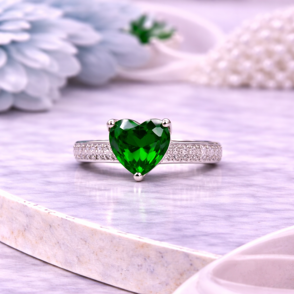 Silver ring with a heart-shaped green gemstone 