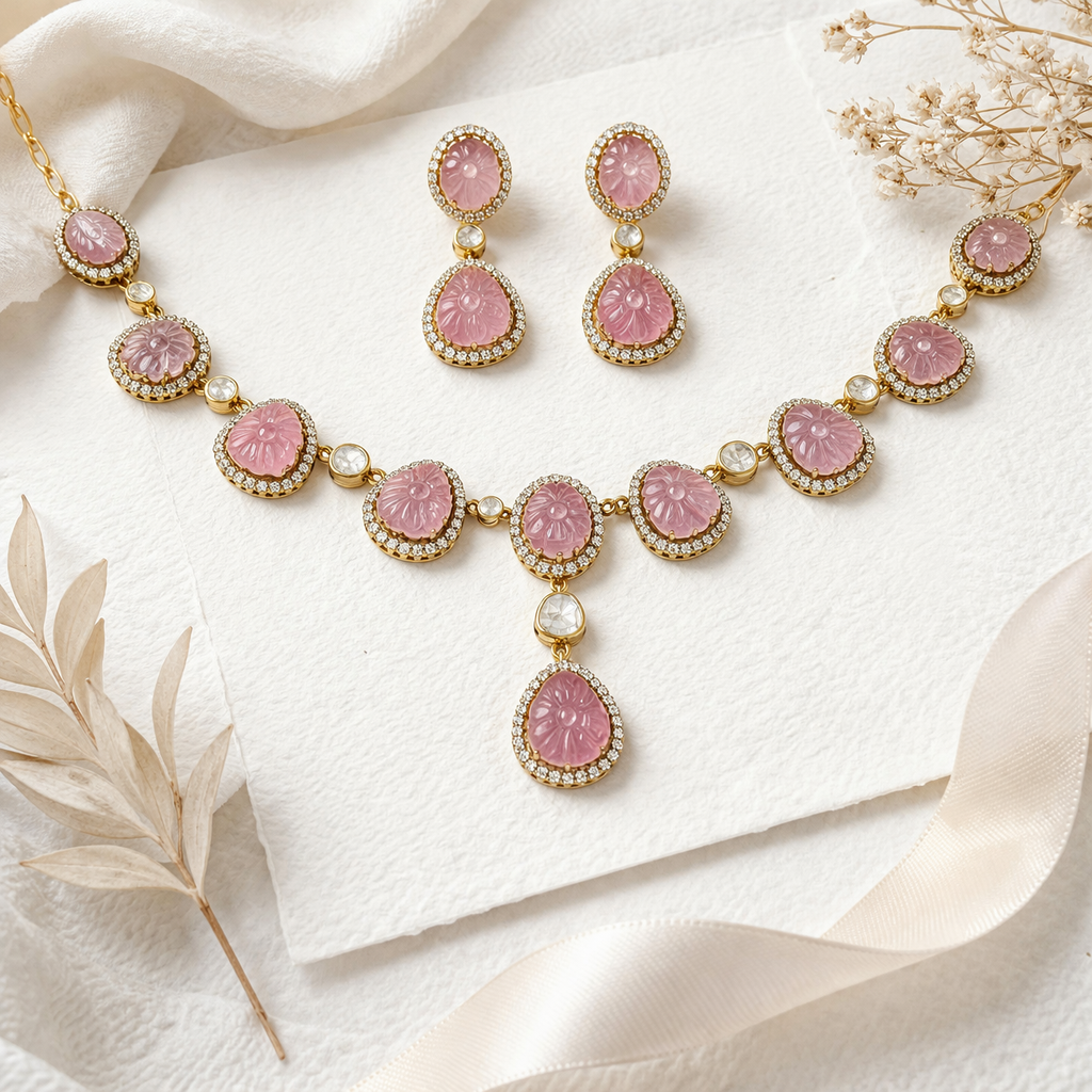 Kiara Pink Polki Necklace Set
