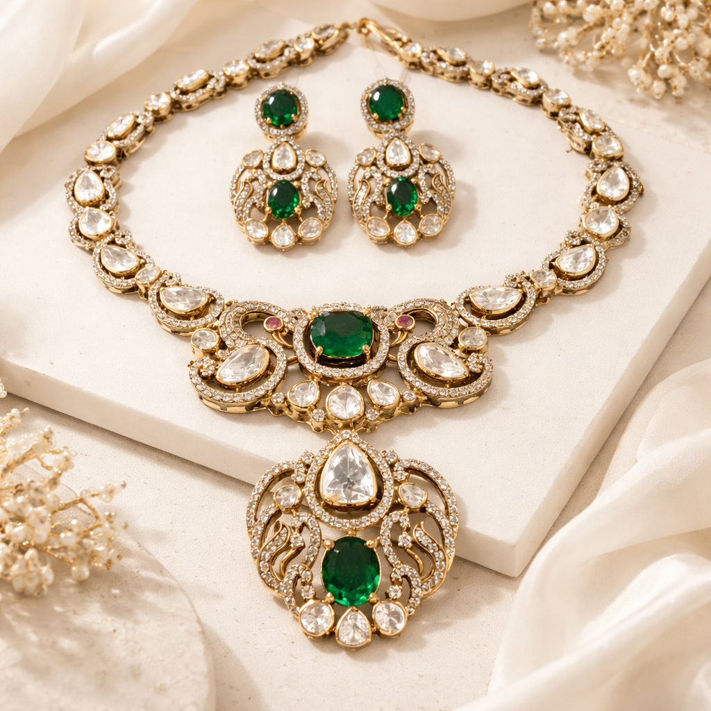 Meera Emerald Polki Necklace Set