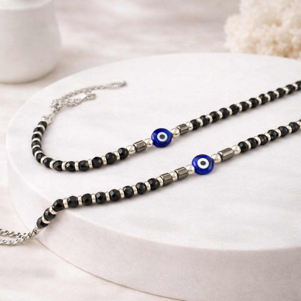Sleek Black Beads Evil Eye Anklet