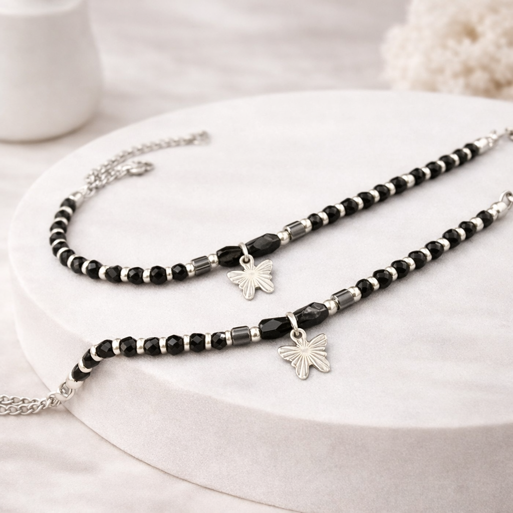 Marbella Black Beads Charms Anklet