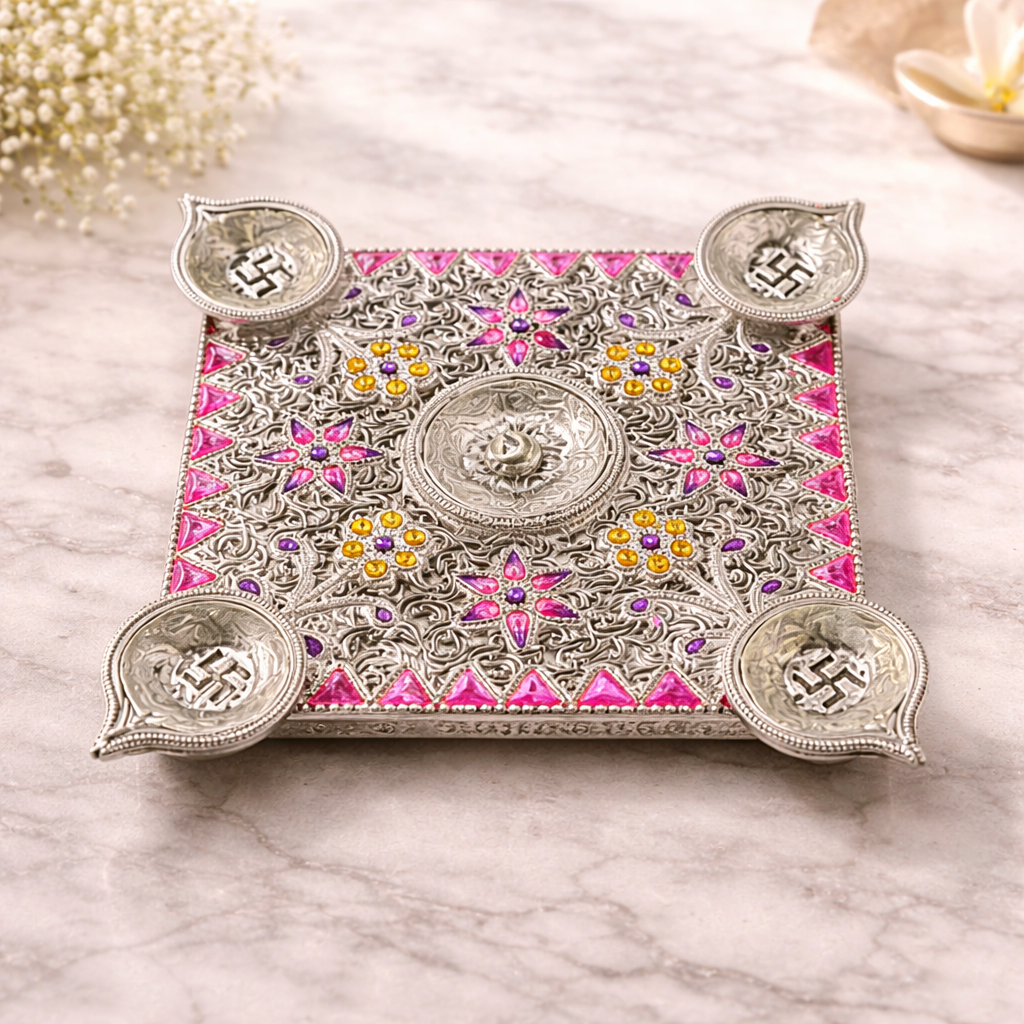 Silver Aasan with Swastik Diyas