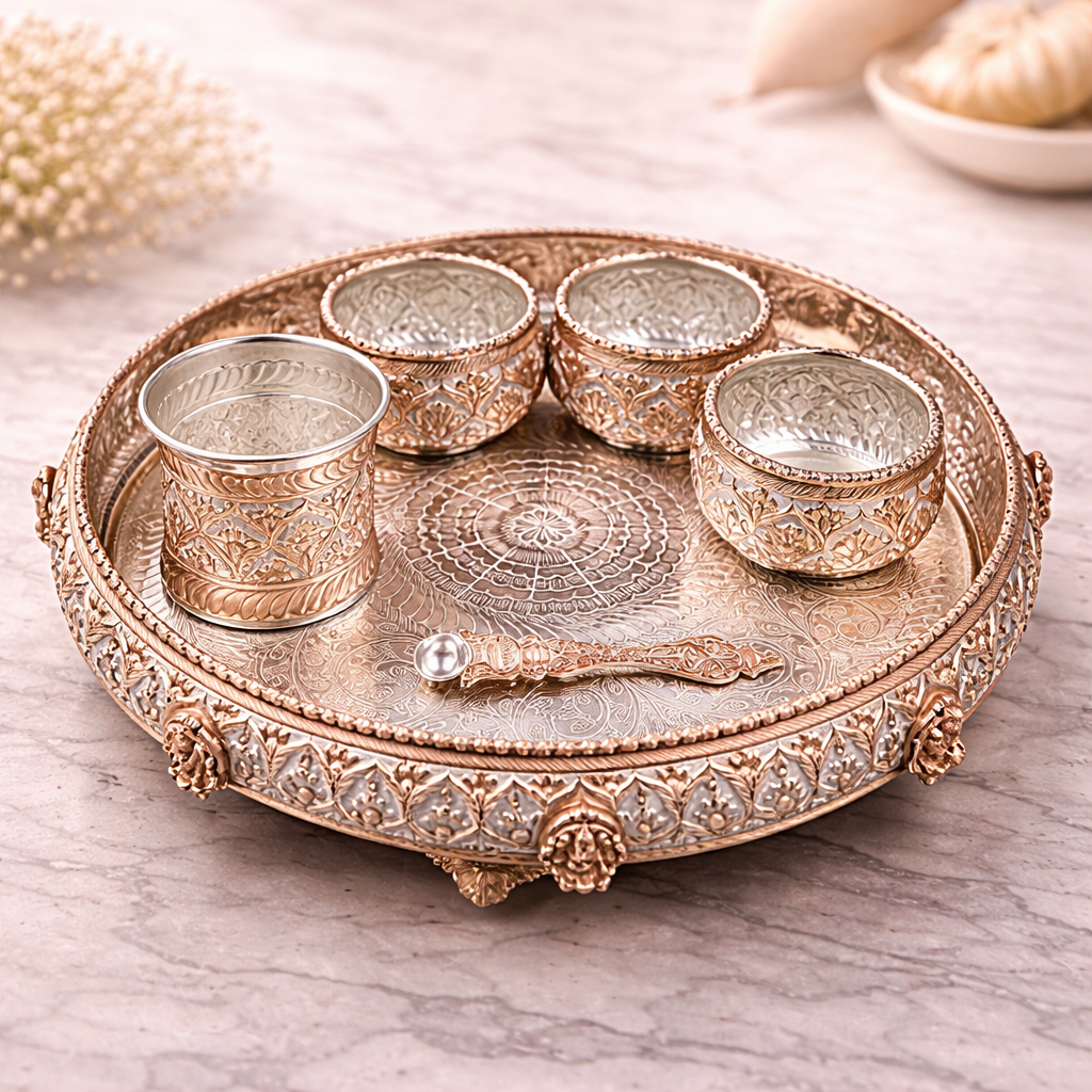 Royal Silver & Rose Gold carved Pooja Thali Set