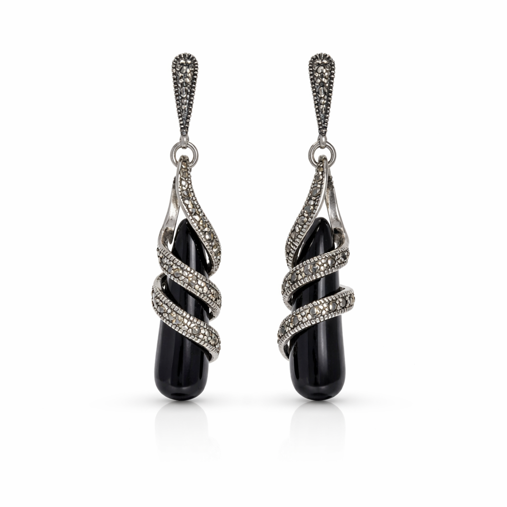 Chic Black Marcasite Drop Earrings
