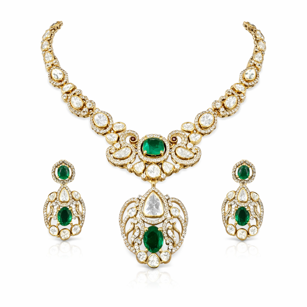 Meera Emerald Polki Necklace Set