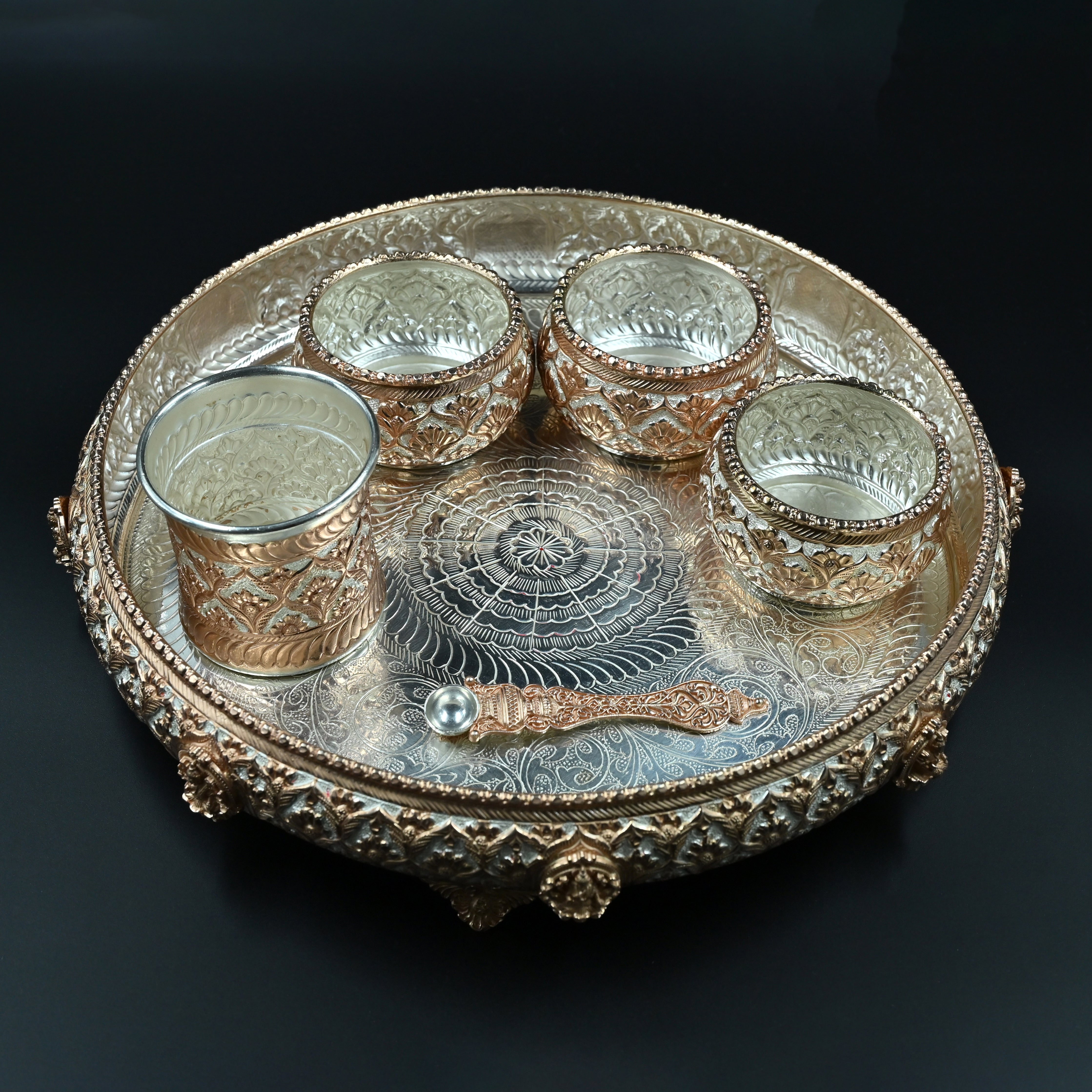 Royal Silver & Rose Gold carved Pooja Thali Set