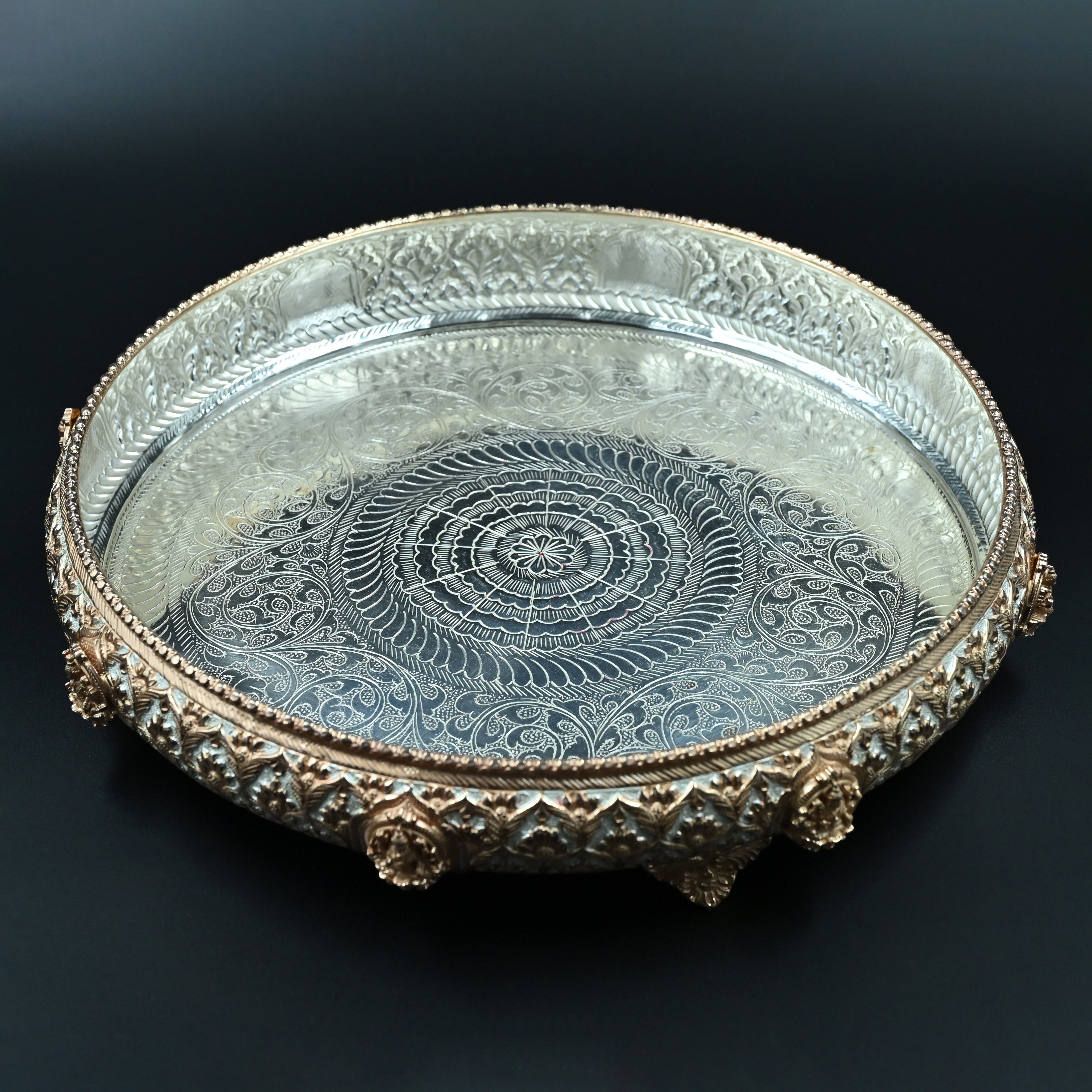 Royal Silver & Rose Gold carved Pooja Thali Set