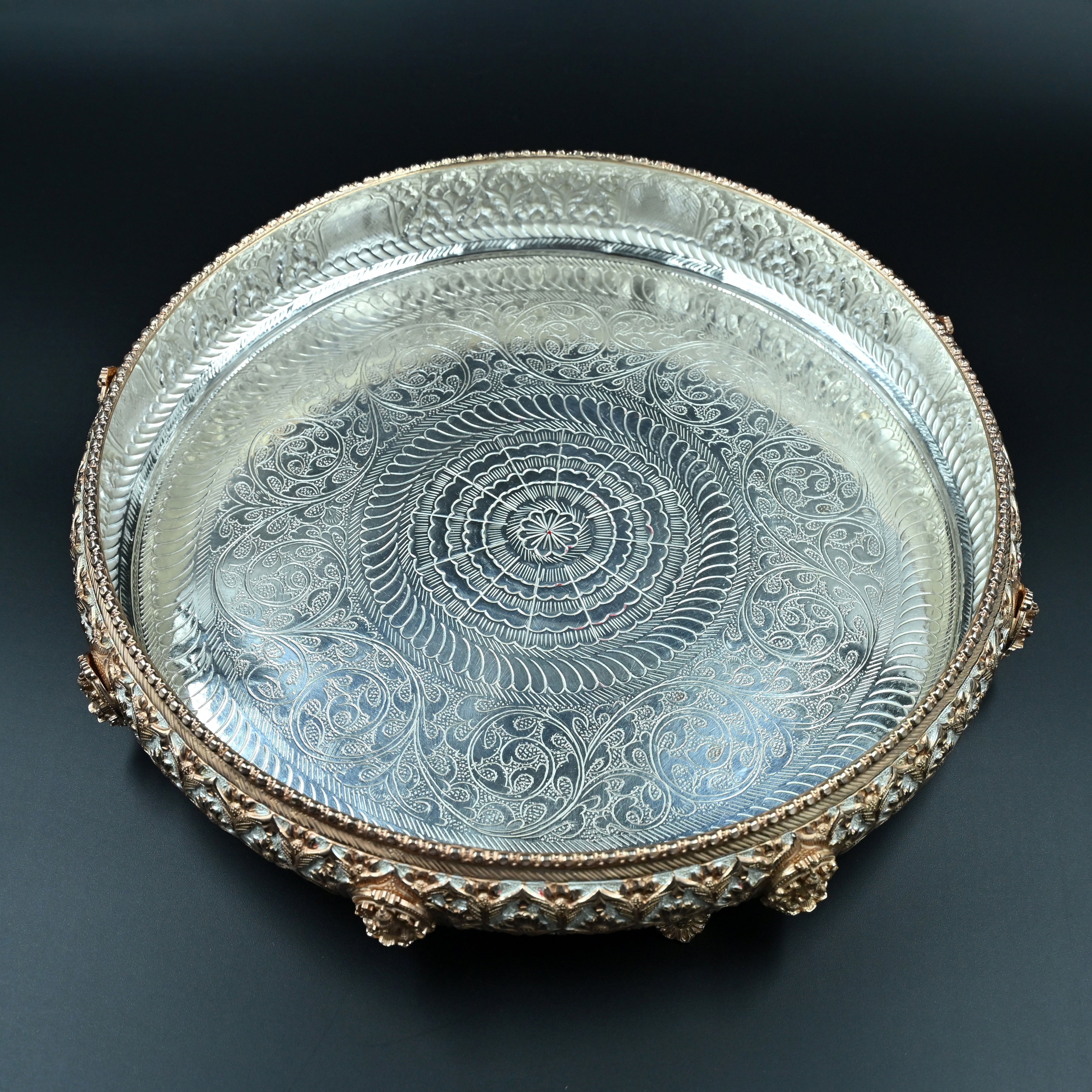 Royal Silver & Rose Gold carved Pooja Thali Set