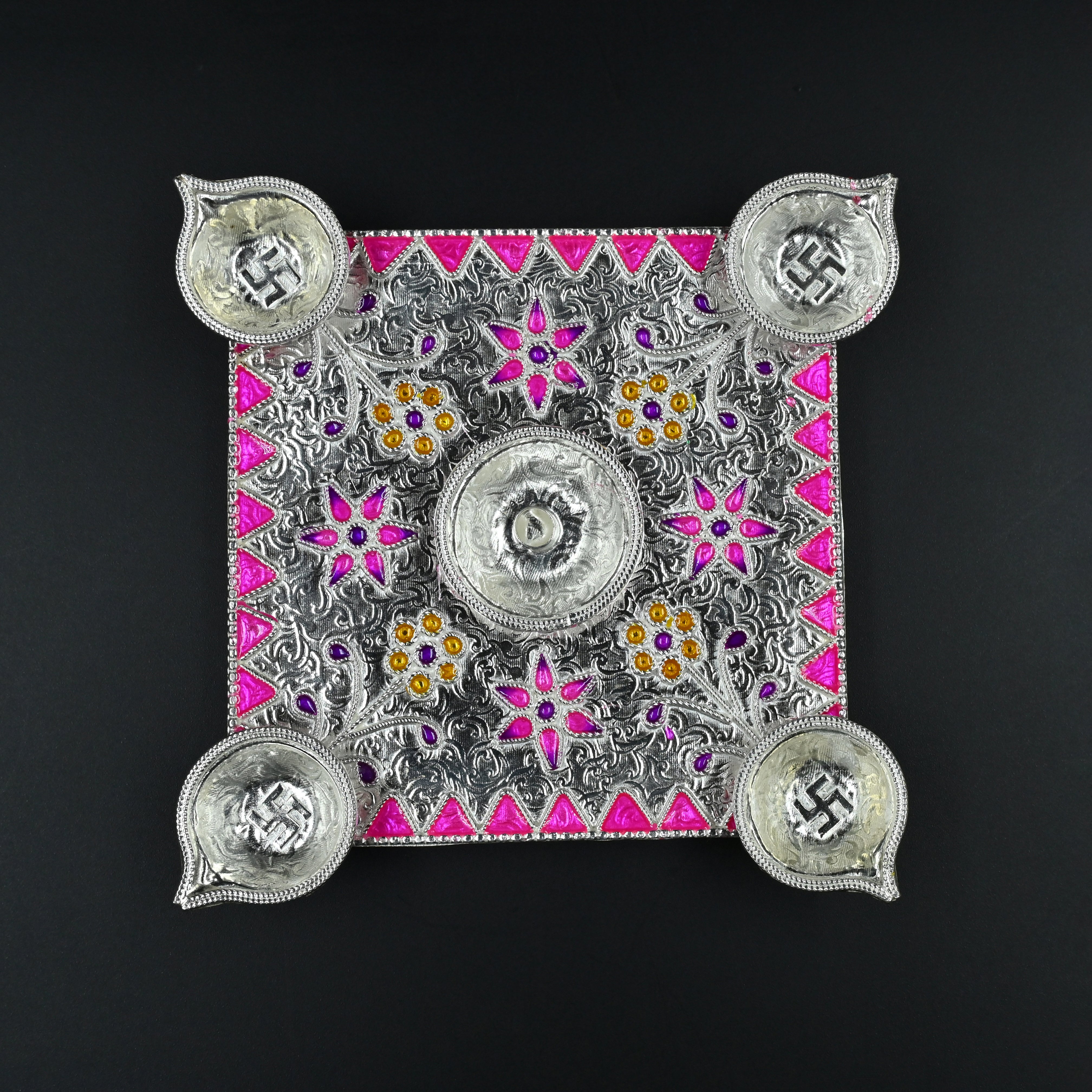 Silver Aasan with Swastik Diyas