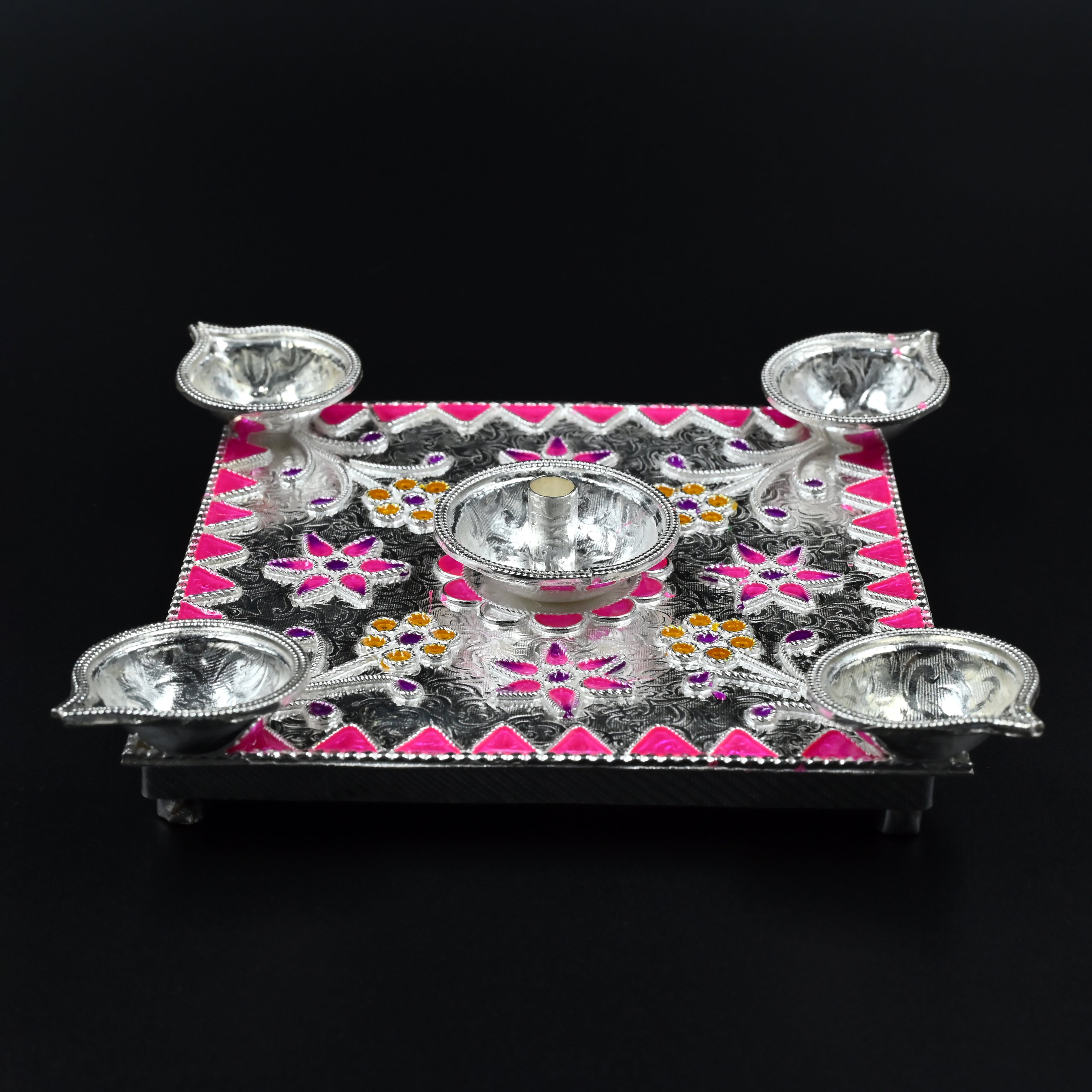 Silver Aasan with Swastik Diyas