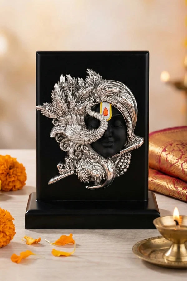 999 Silver Plated Shringar Krishna Face Idol on Premium MDF Base