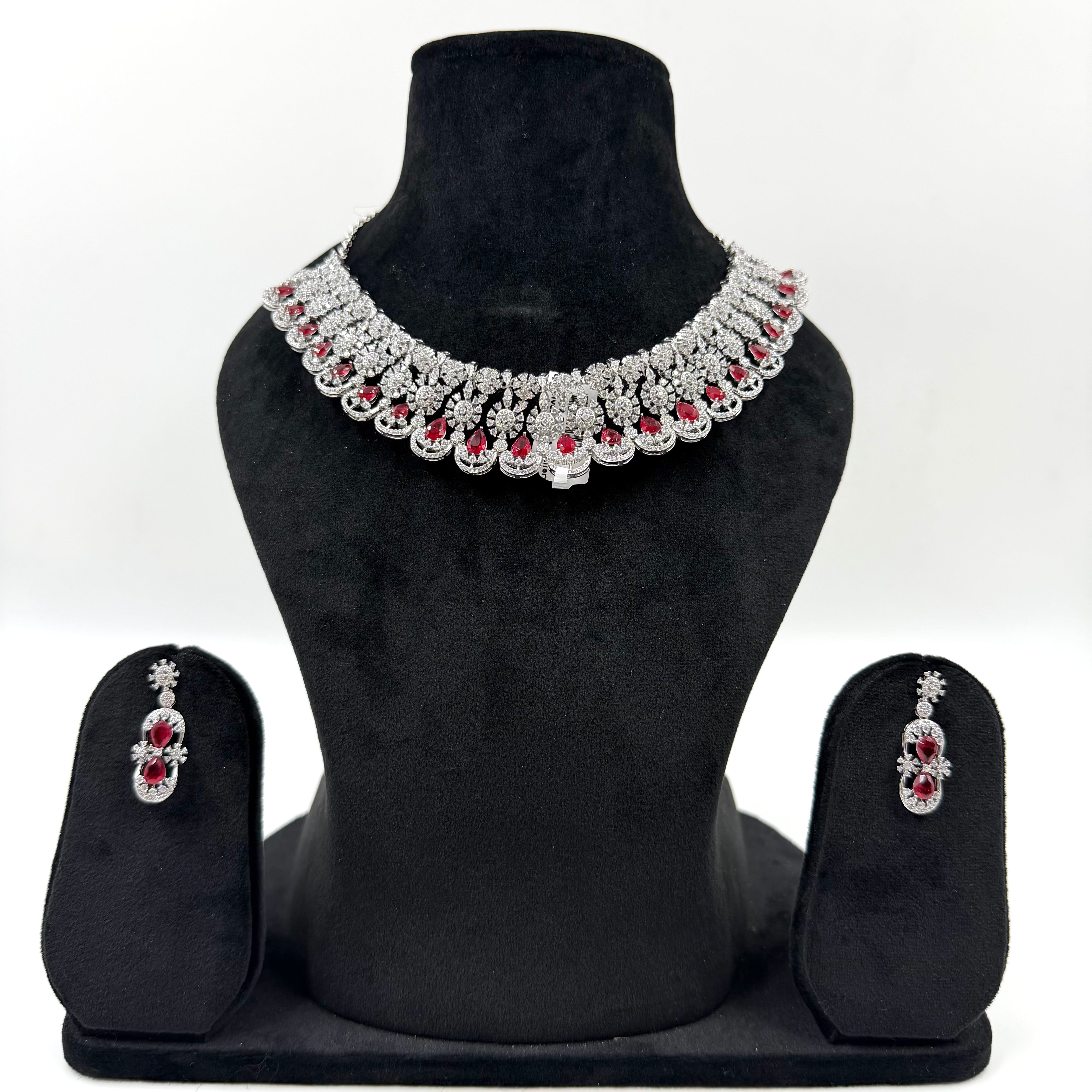 Elegant red stone necklace with silver finish from House of Janya.