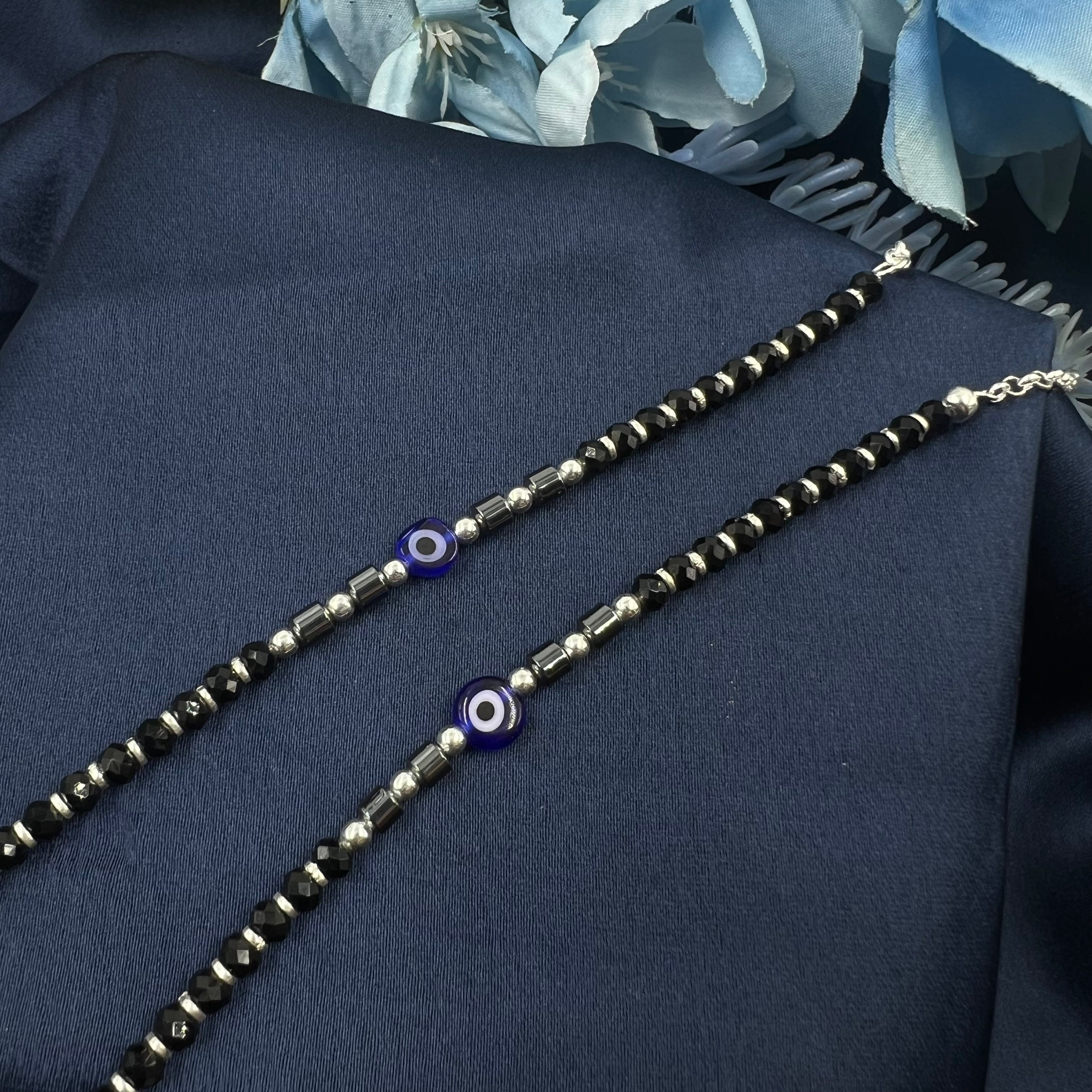 Sleek Black Beads Evil Eye Anklet