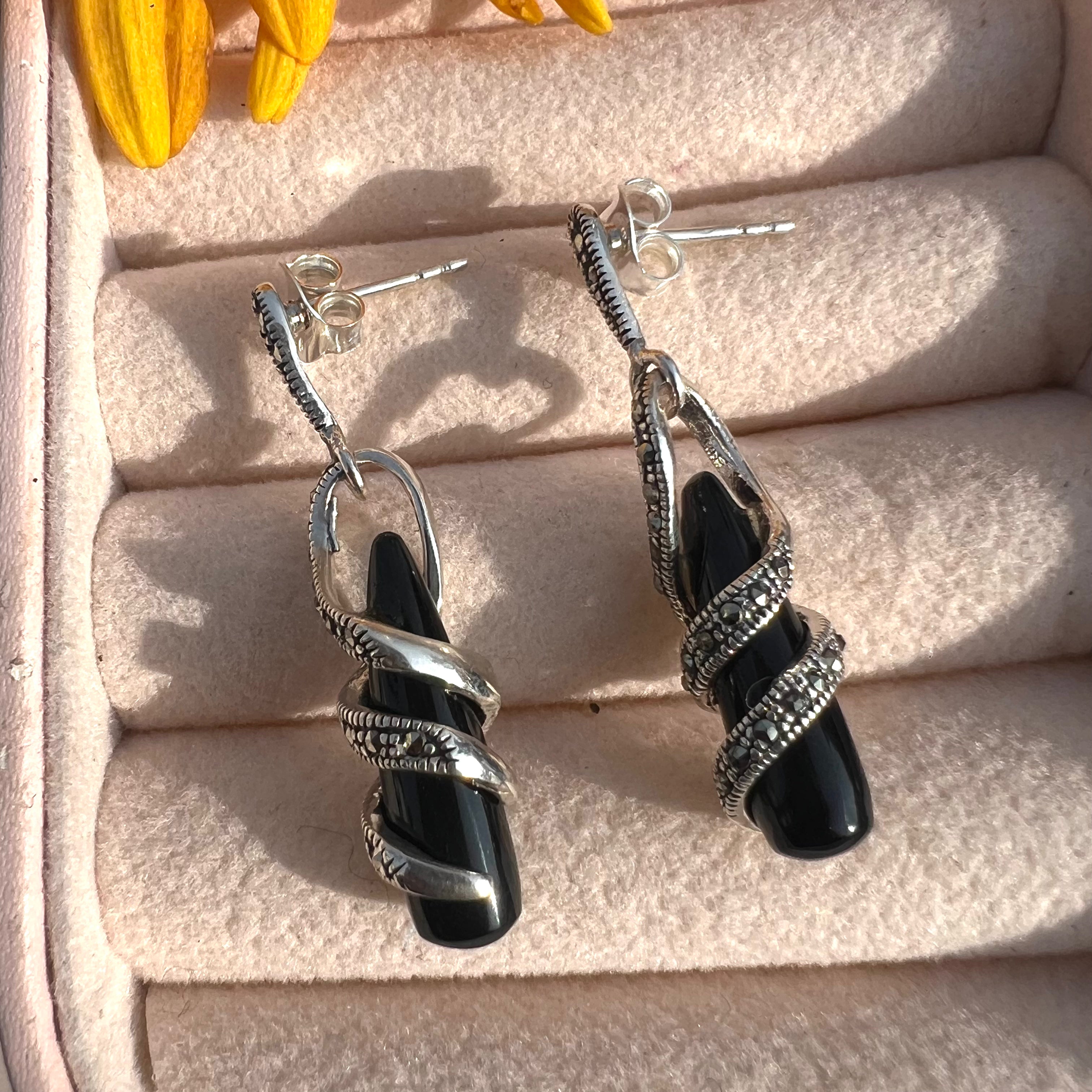 Chic Black Marcasite Drop Earrings
