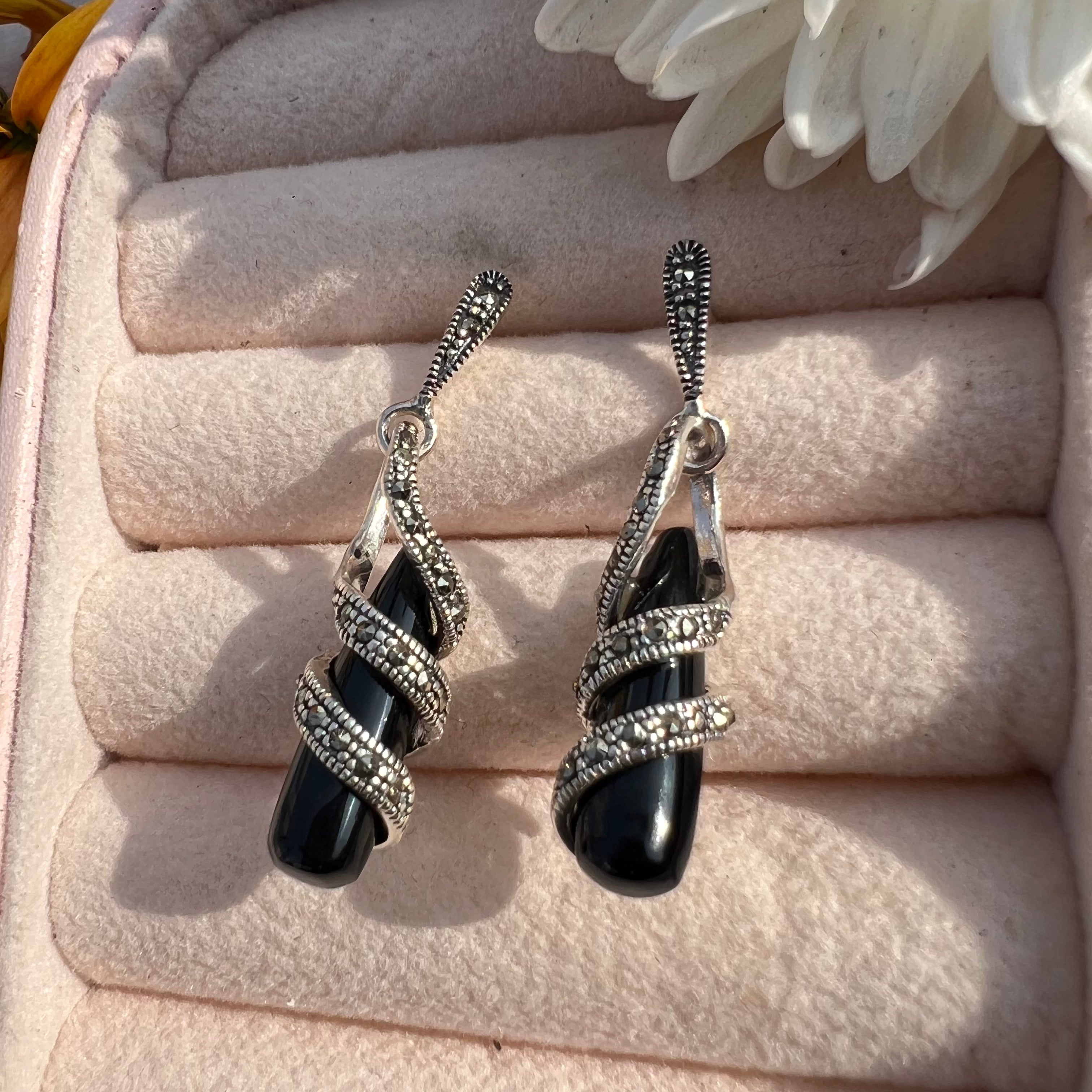 Chic Black Marcasite Drop Earrings