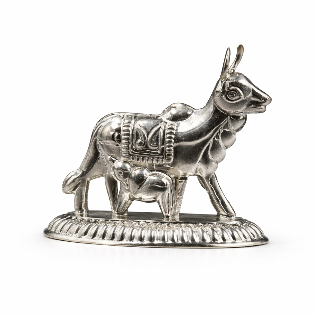 Kamdhenu with calf pure silver idol