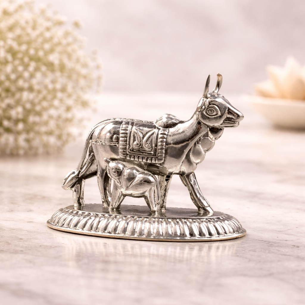 Kamdhenu Cow and calf pure silver idol