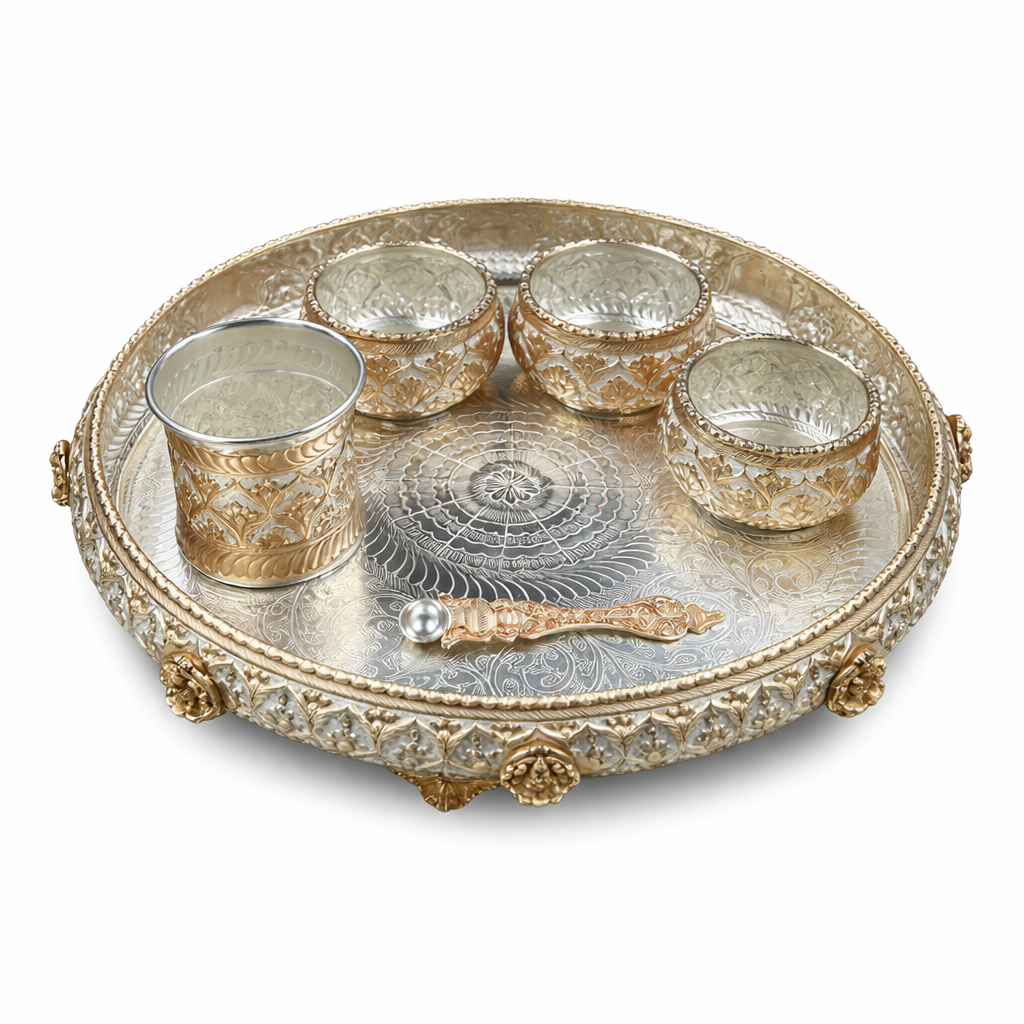Royal Silver & Rose Gold carved Pooja Thali Set