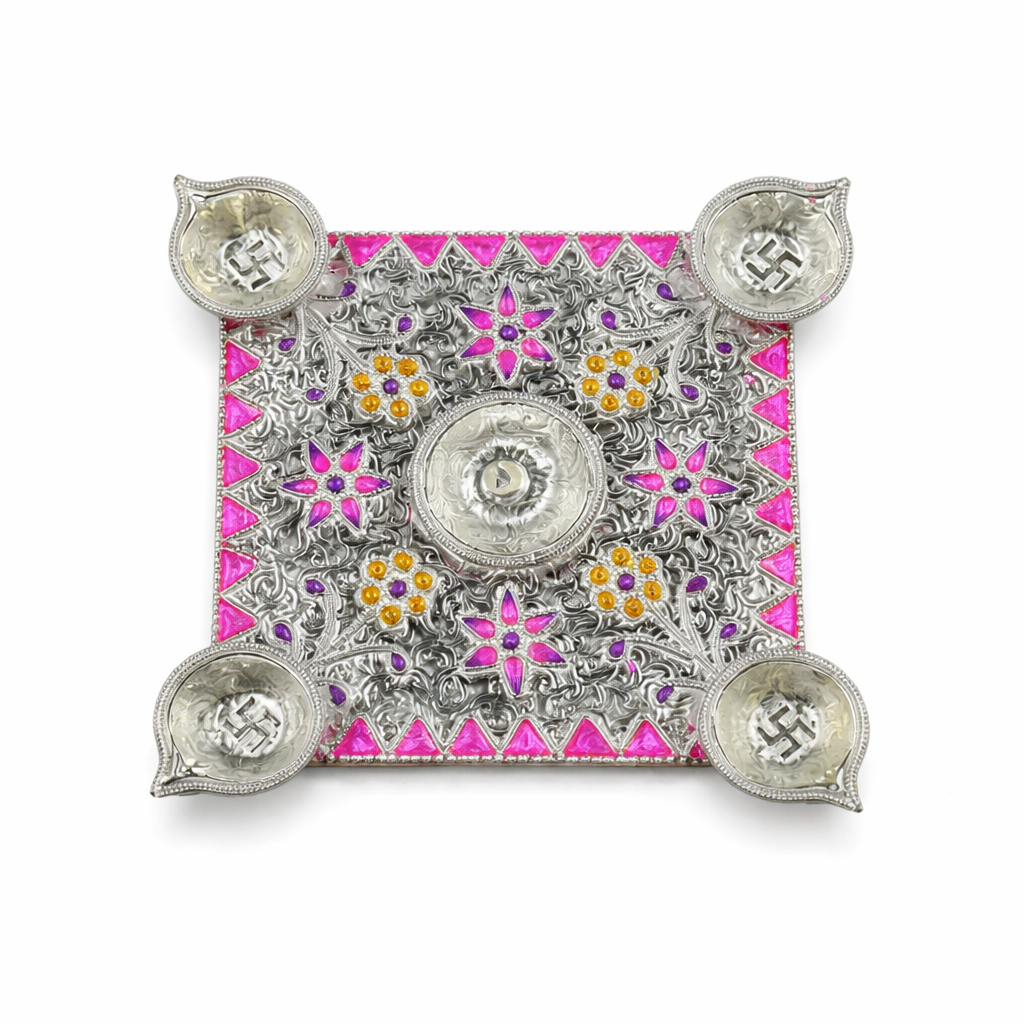 Silver Aasan with Swastik Diyas