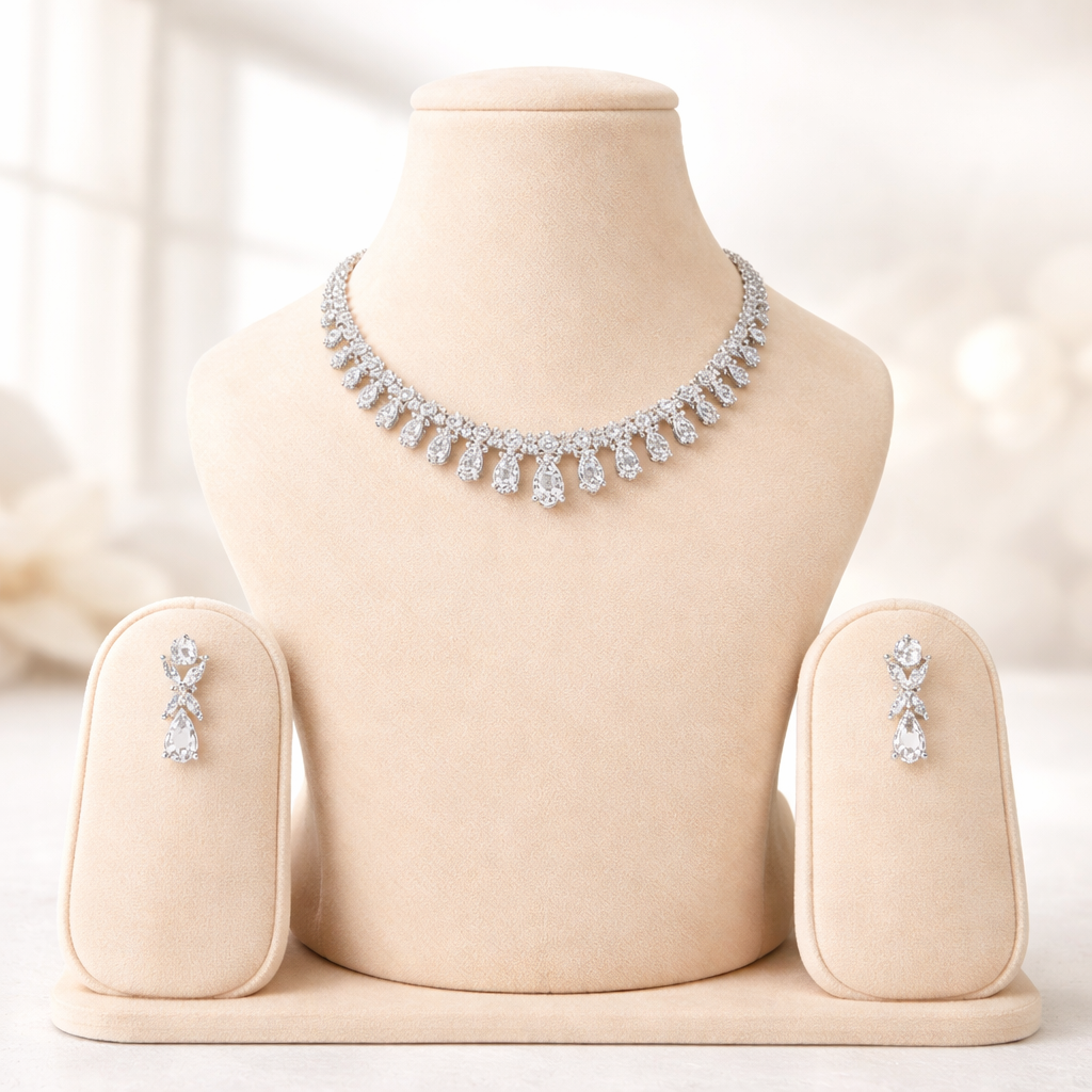 Silver teardrop cubic zirconia necklace and earrings bridal jewelry set