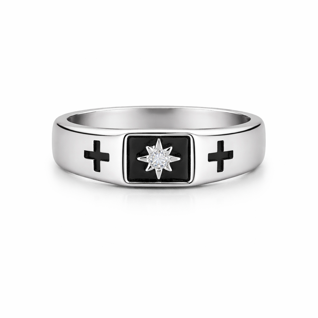 Silver ring with black crosses and a star design for men