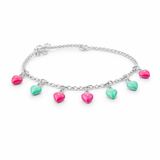 Silver bracelet with heart-shaped charms in pink and green