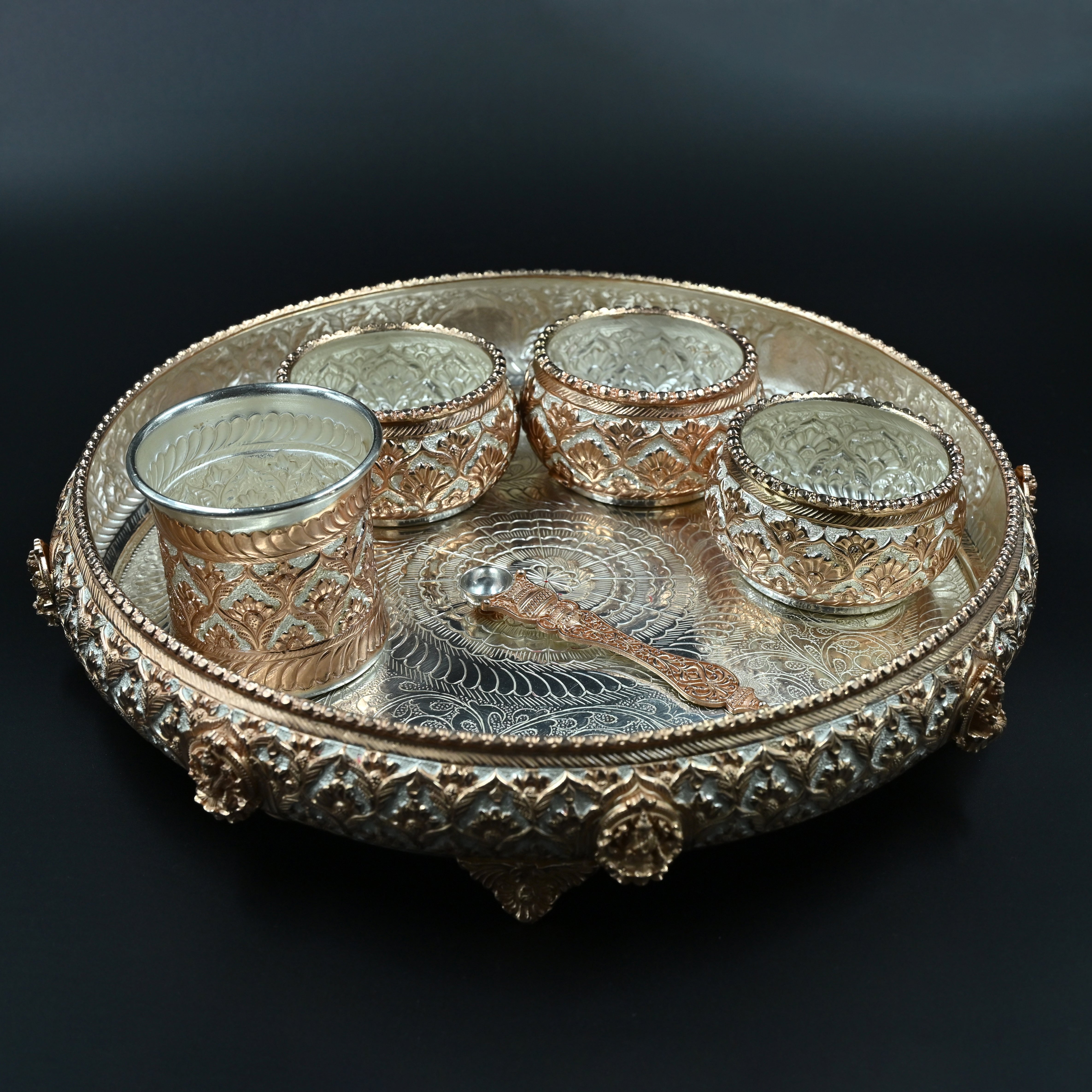 Carved silver pooja thali set