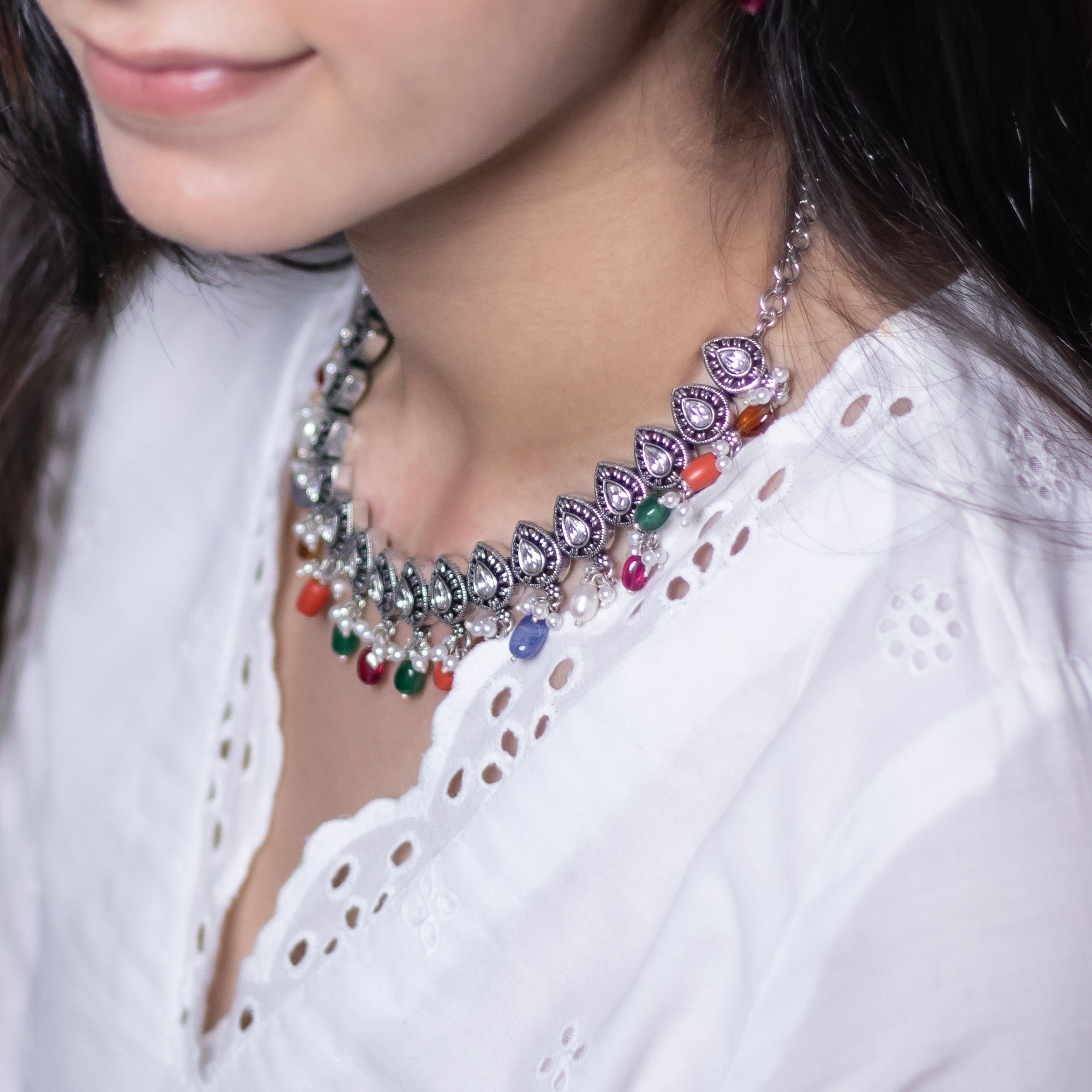 Colourful Navrang silver necklace set