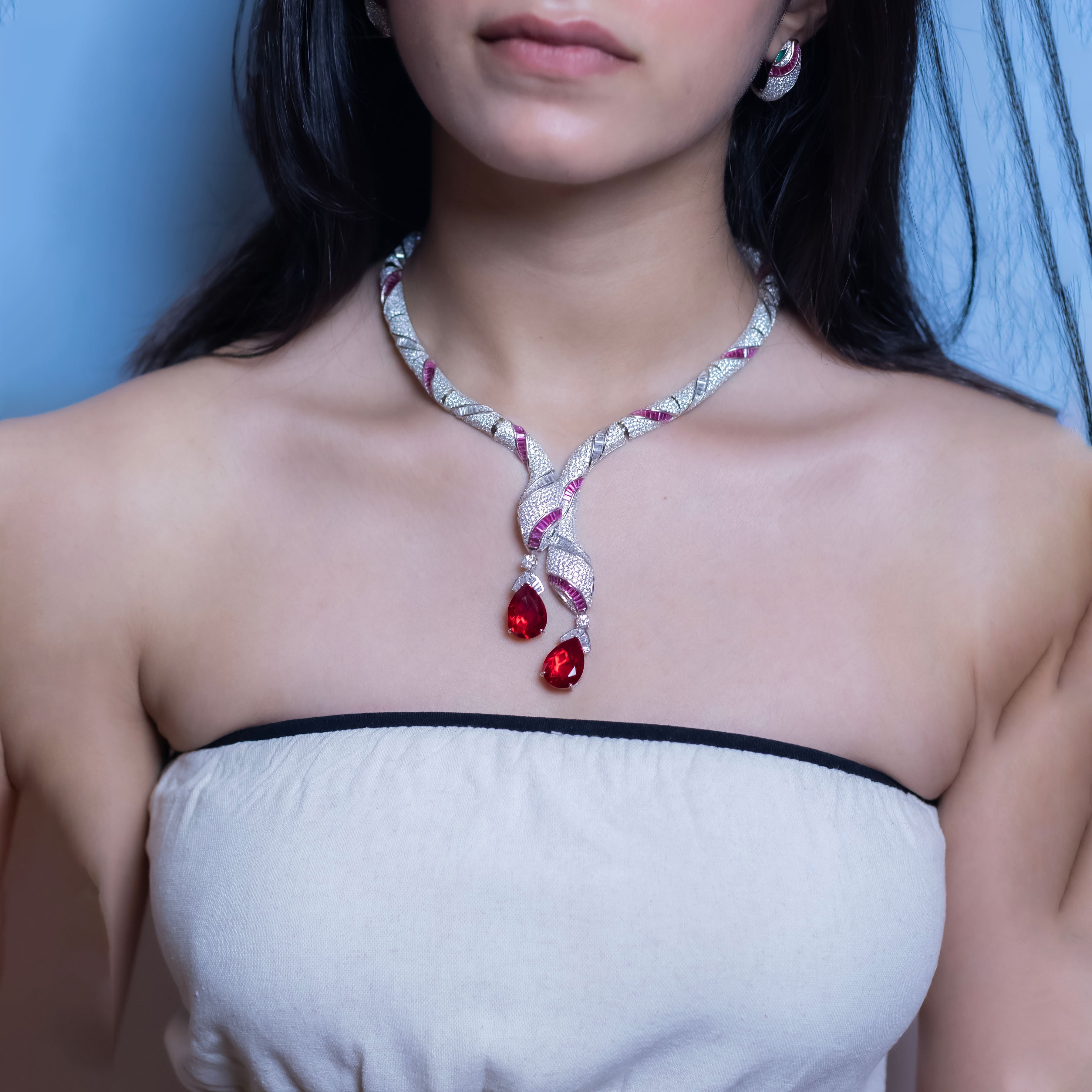 Crimson Dusk necklace and earrings set in silver