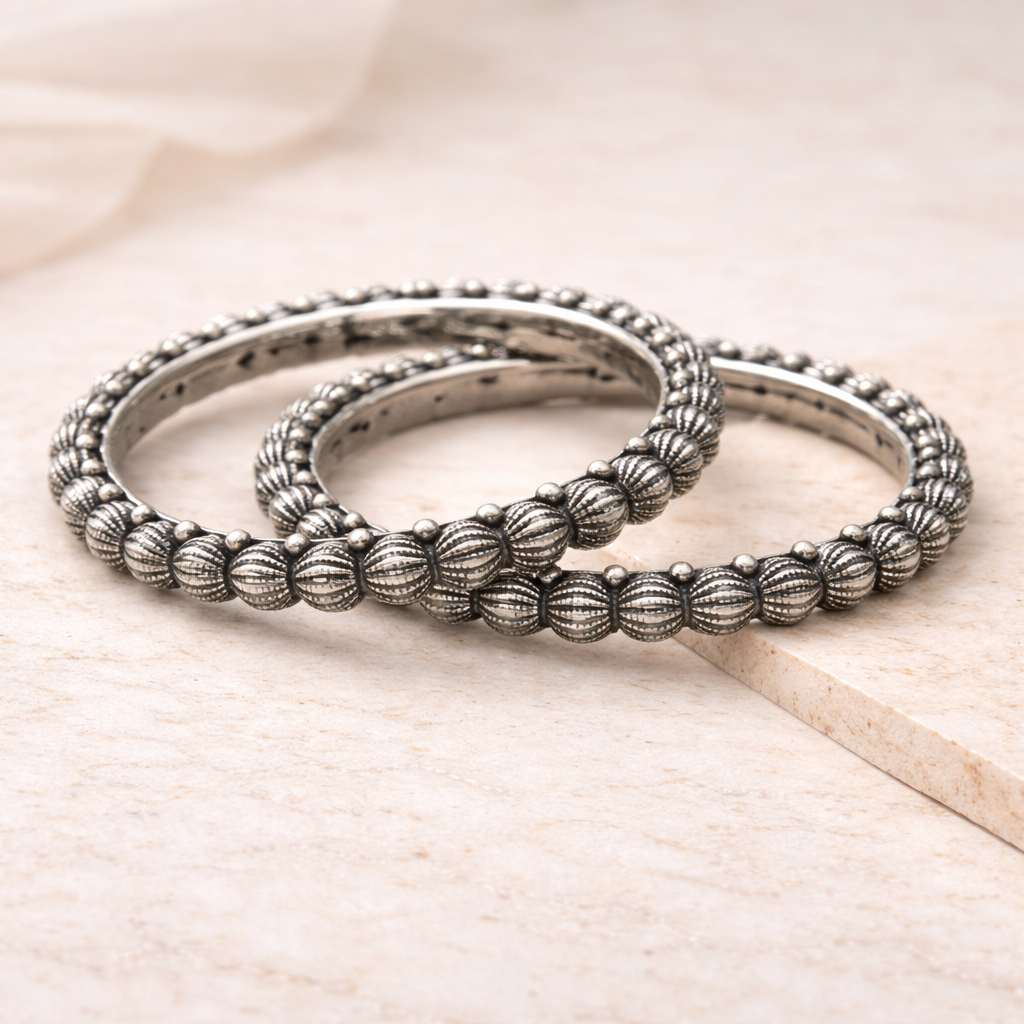 gajra bead 925 silver bangles pair