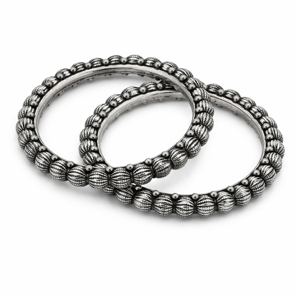 gajra bead silver bangles pair