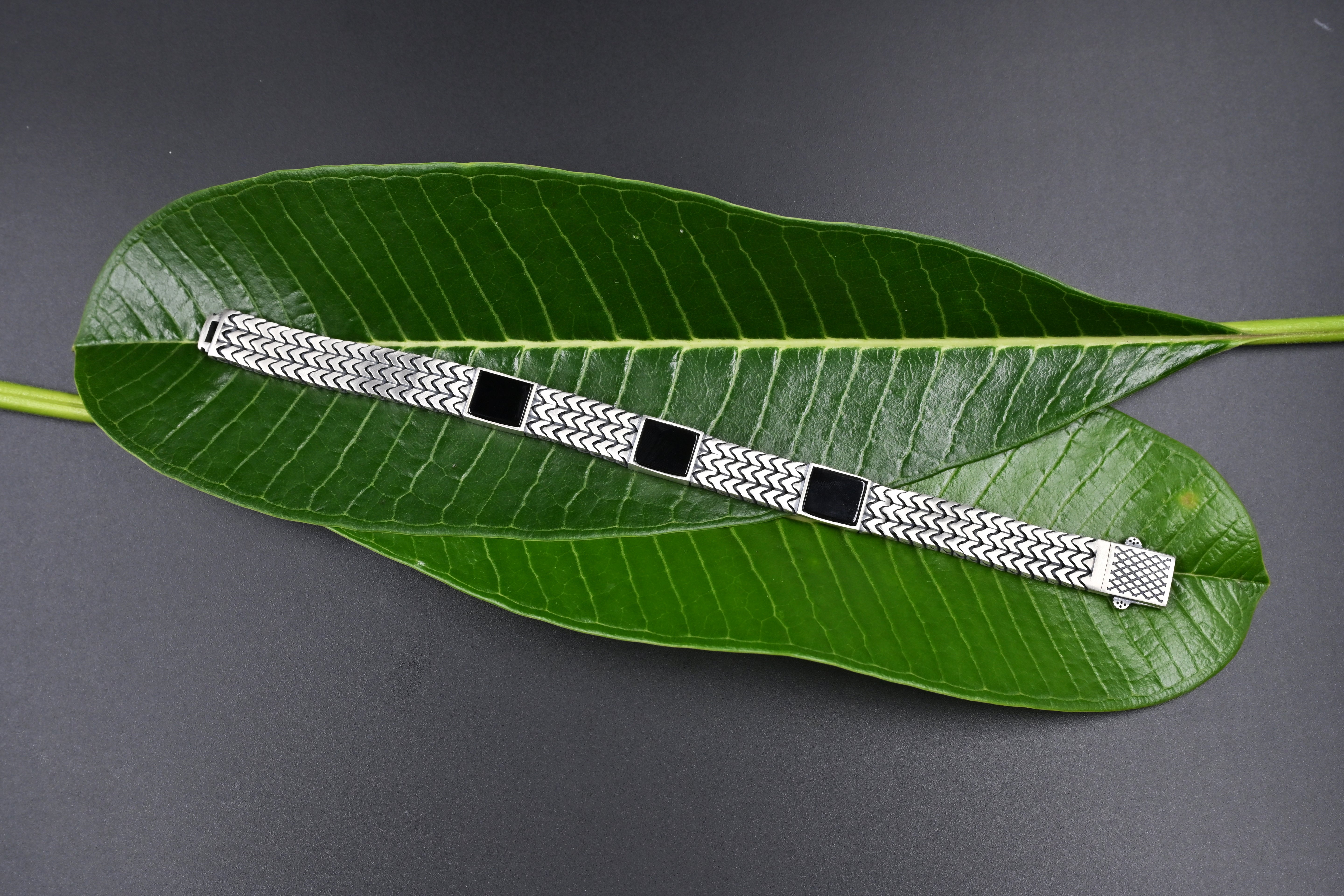 Modern black accent silver bracelet