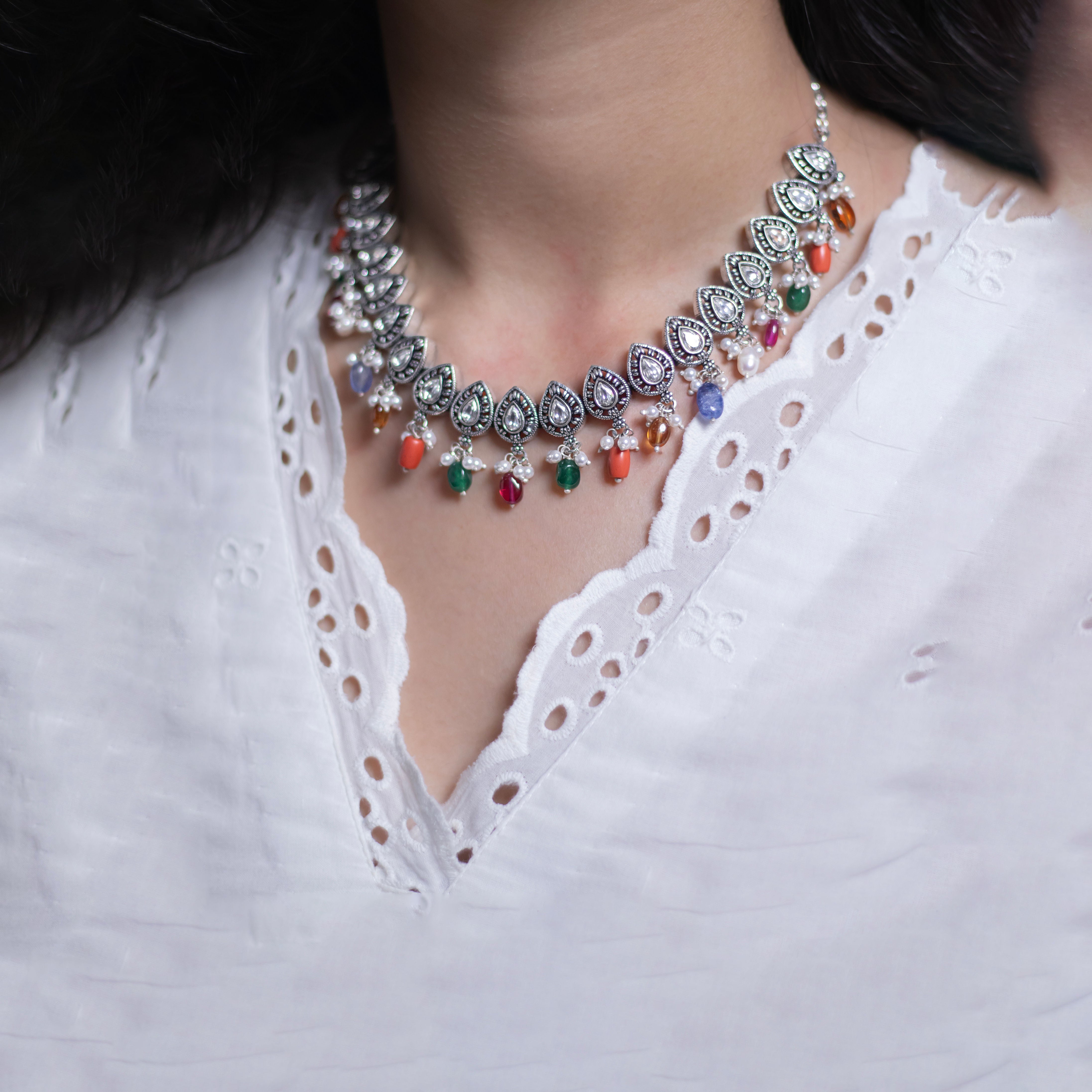 Navrang multi-colour necklace set in silver