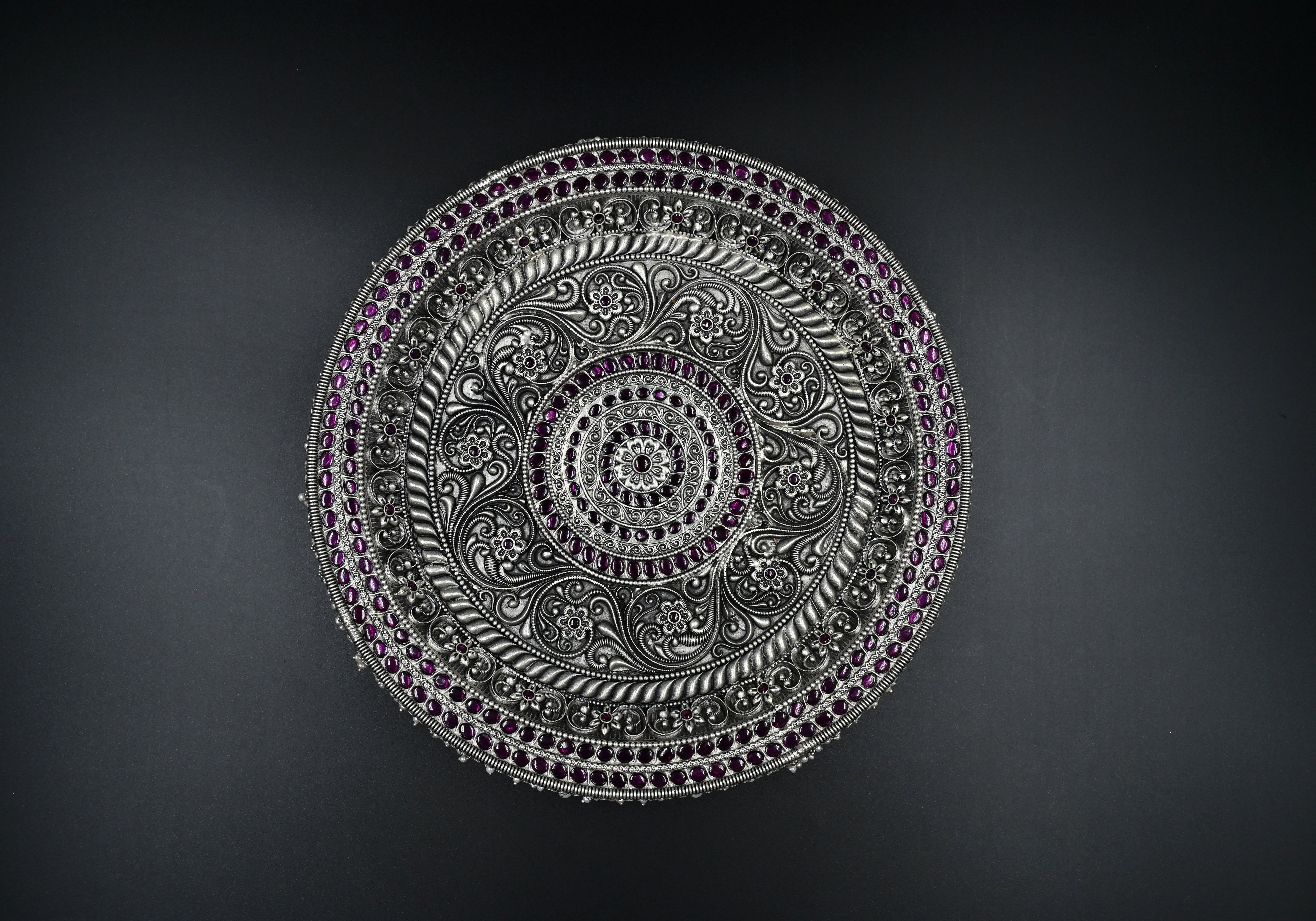 Close up detailing of Rajsi Silver Pooja Thali Set